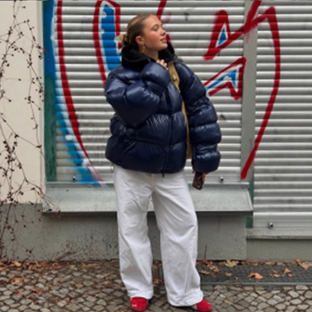 Women's Shiny Oversized Padded Jacket with Hood and High Stand-Up Collar Chichicherry - Chichicherry