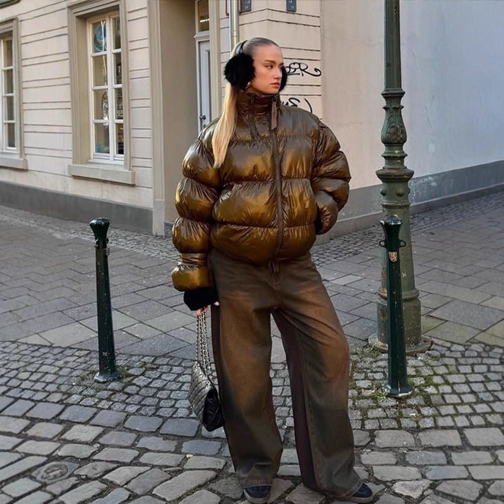 Women's Shiny Oversized Padded Jacket with Hood and High Stand-Up Collar Chichicherry - Chichicherry