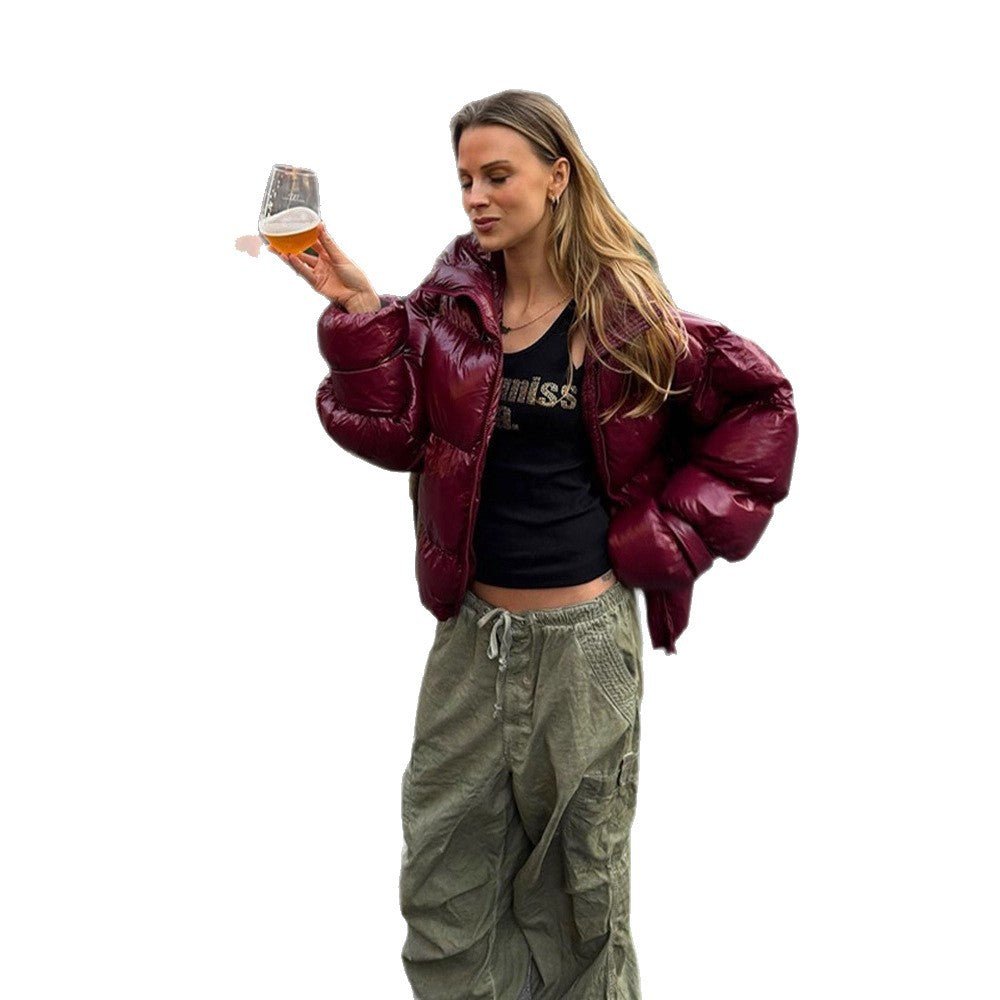 Women's Shiny Oversized Padded Jacket with Hood and High Stand-Up Collar Chichicherry - Chichicherry