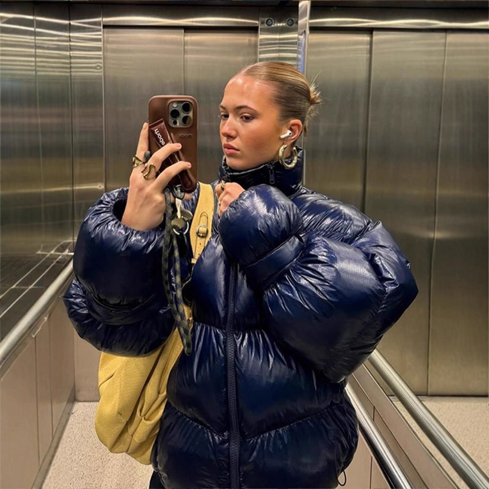 Women's Shiny Oversized Padded Jacket with Hood and High Stand-Up Collar Chichicherry - Chichicherry