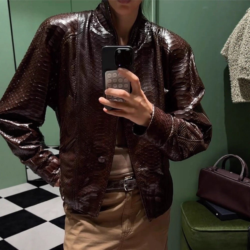 Women's Shiny Snake Pattern Leather Bomber Jacket Chichicherry - Chichicherry