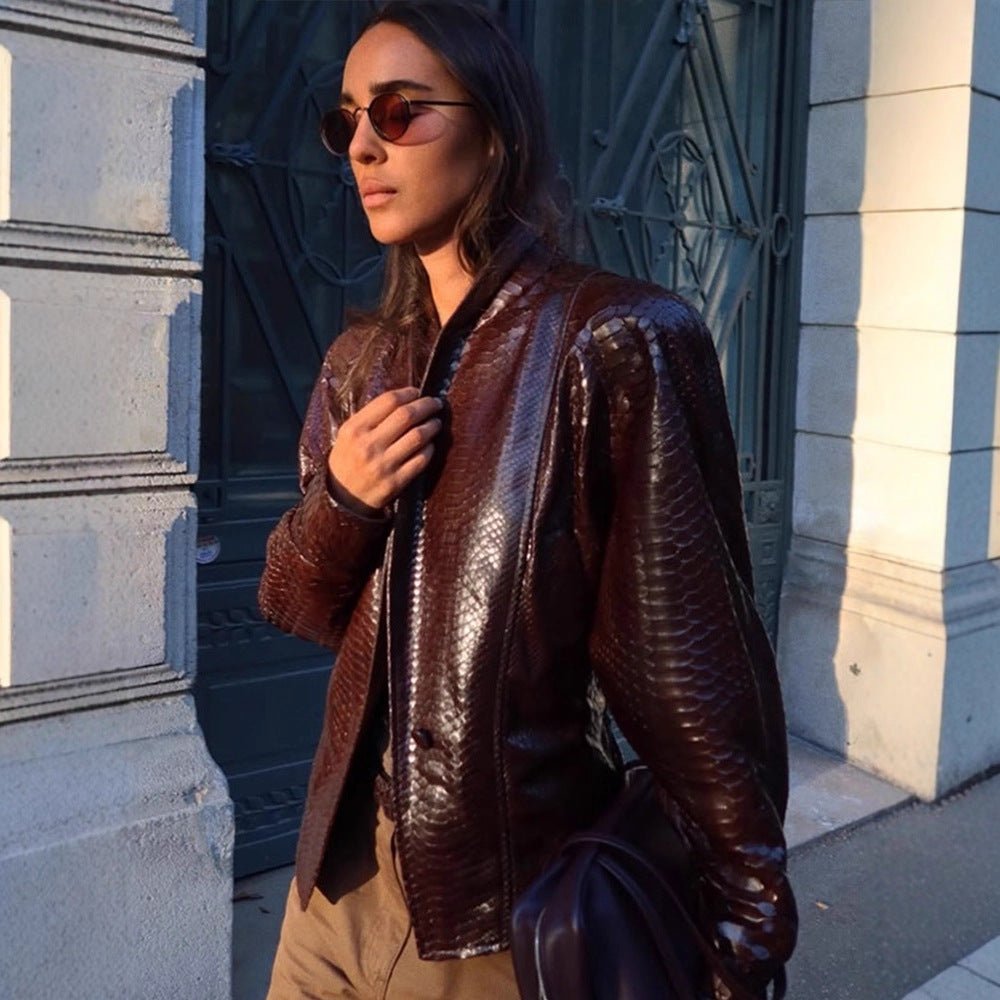 Women's Shiny Snake Pattern Leather Bomber Jacket Chichicherry - Chichicherry