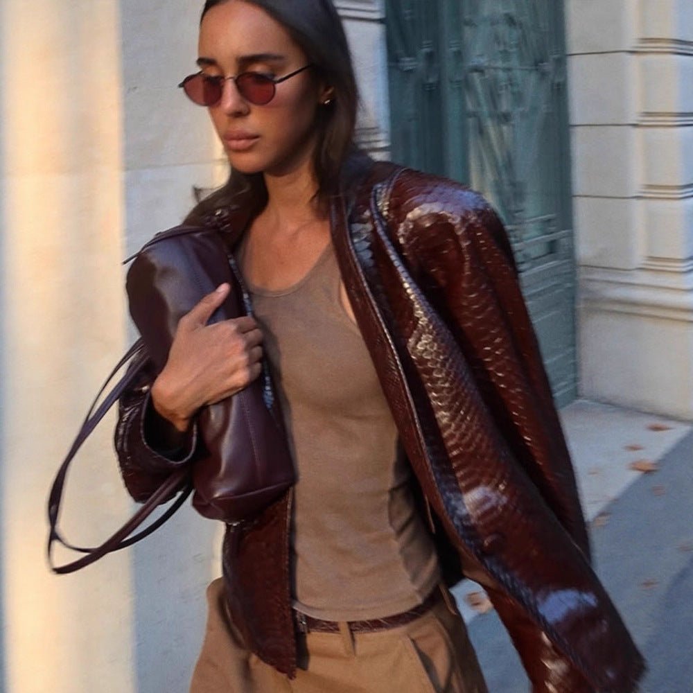 Women's Shiny Snake Pattern Leather Bomber Jacket Chichicherry - Chichicherry