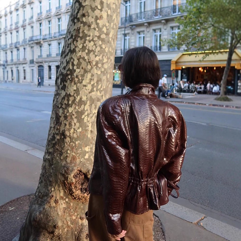 Women's Shiny Snake Pattern Leather Bomber Jacket Chichicherry - Chichicherry