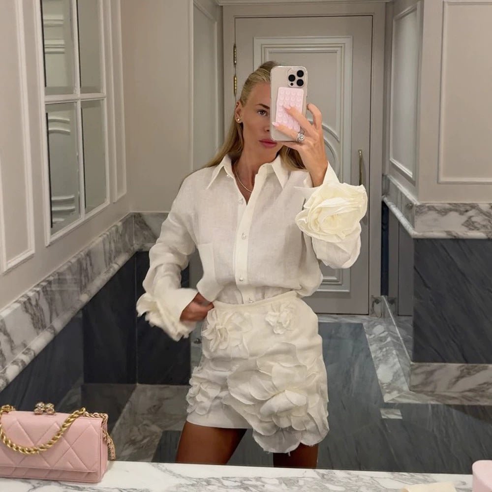 Women's Shirt Blouse-Mini Skirt Set with Voluminous 3D Rose Appliqués and Pearl Details Chichicherry - Chichicherry