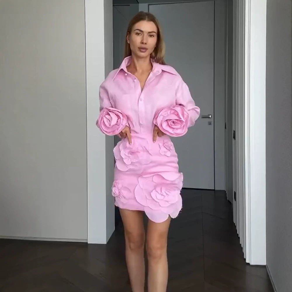 Women's Shirt Blouse-Mini Skirt Set with Voluminous 3D Rose Appliqués and Pearl Details Chichicherry - Chichicherry