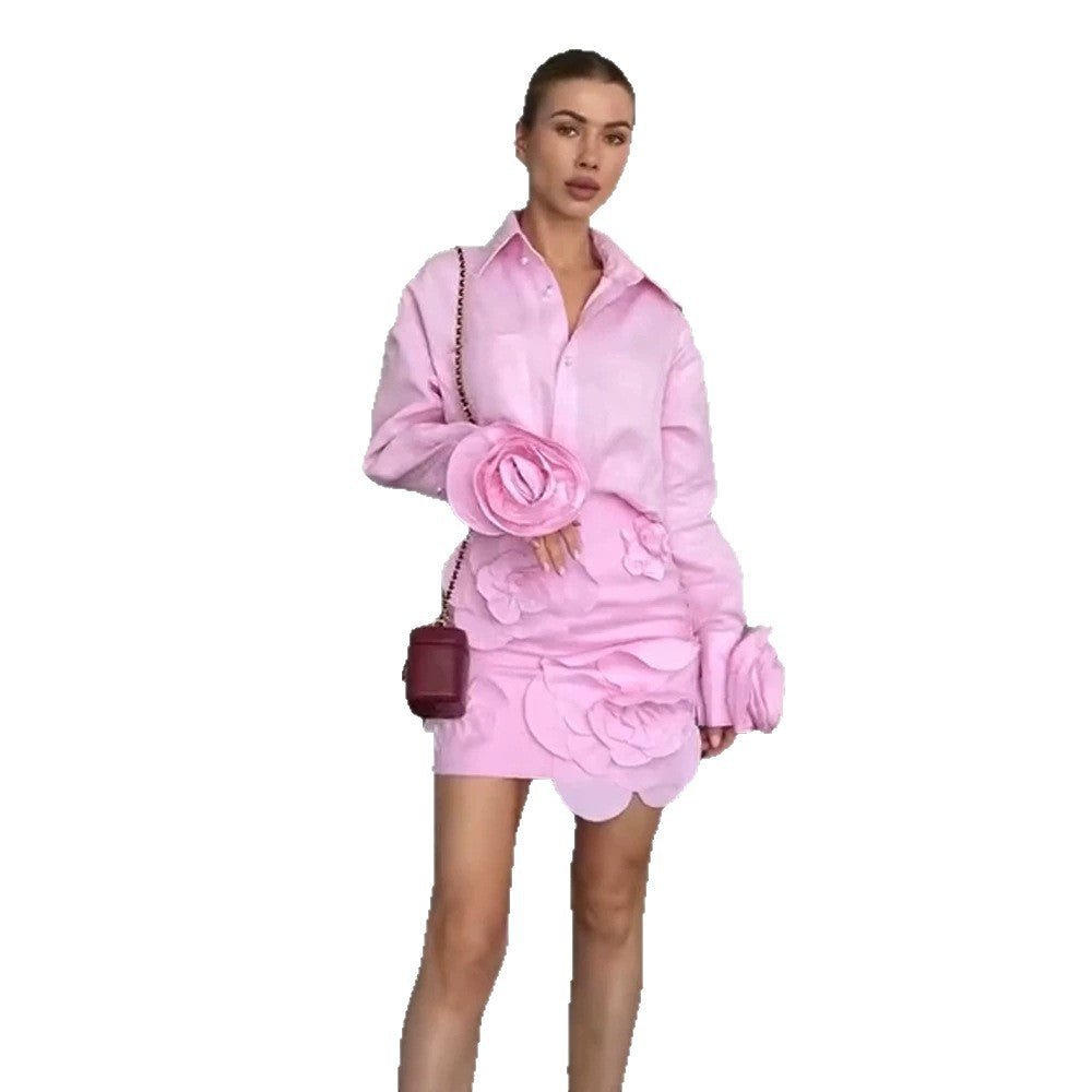 Women's Shirt Blouse-Mini Skirt Set with Voluminous 3D Rose Appliqués and Pearl Details Chichicherry - Chichicherry