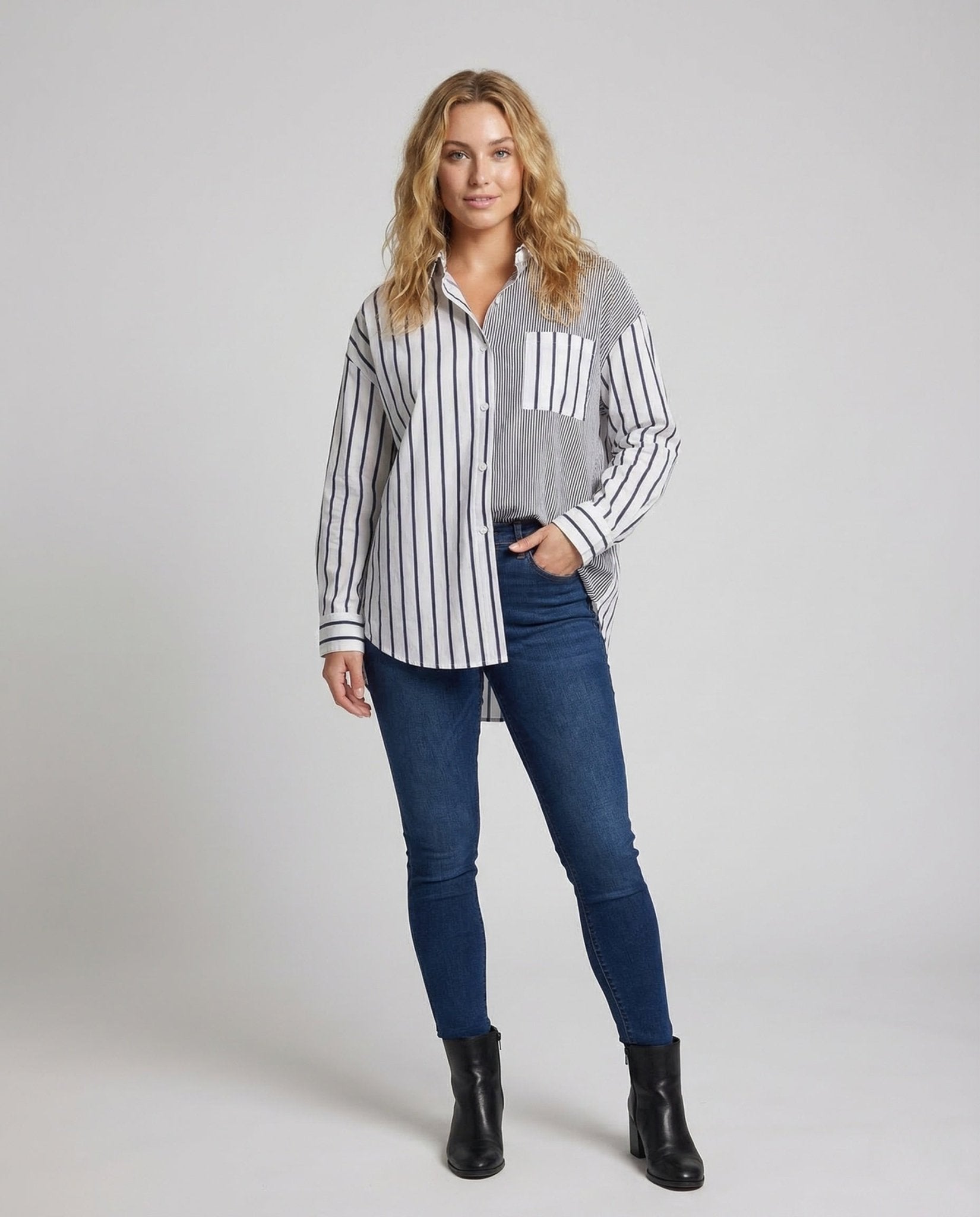 Women's Shirt Blouse Stripes Button Placket - Chichicherry