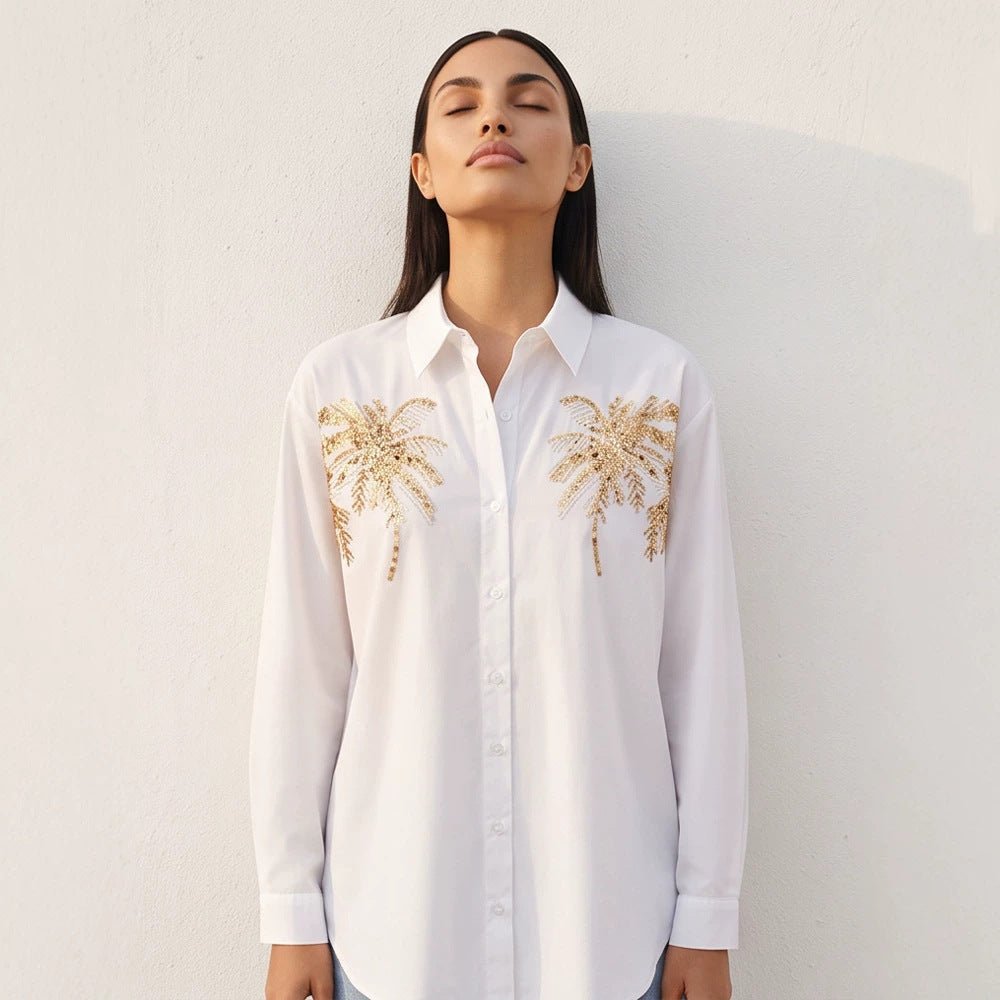 Women's shirt blouse with sequin palm appliqué, oversized cut & classic collar Chichicherry - Chichicherry