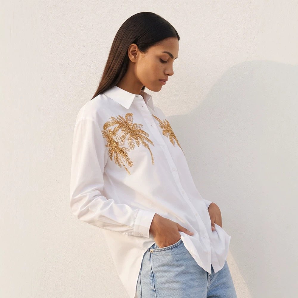 Women's shirt blouse with sequin palm appliqué, oversized cut & classic collar Chichicherry - Chichicherry