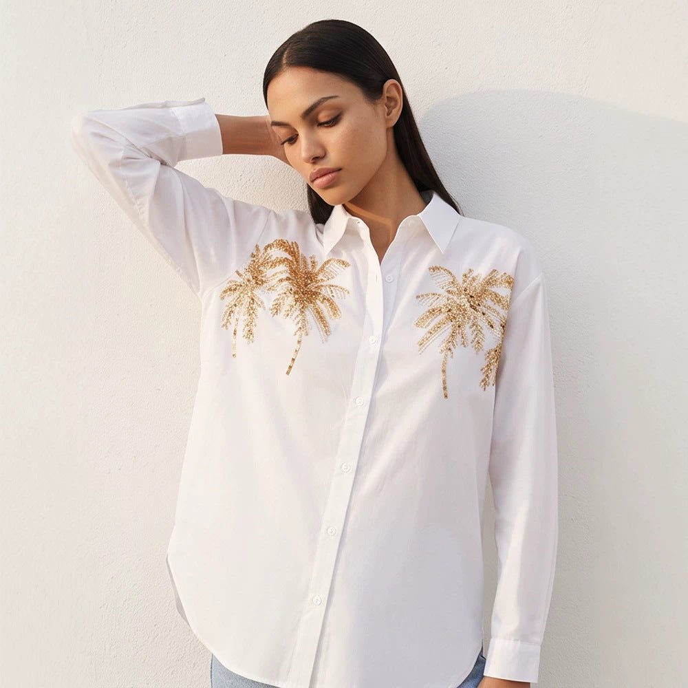 Women's shirt blouse with sequin palm appliqué, oversized cut & classic collar Chichicherry - Chichicherry