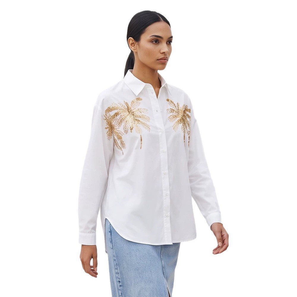 Women's shirt blouse with sequin palm appliqué, oversized cut & classic collar Chichicherry - Chichicherry