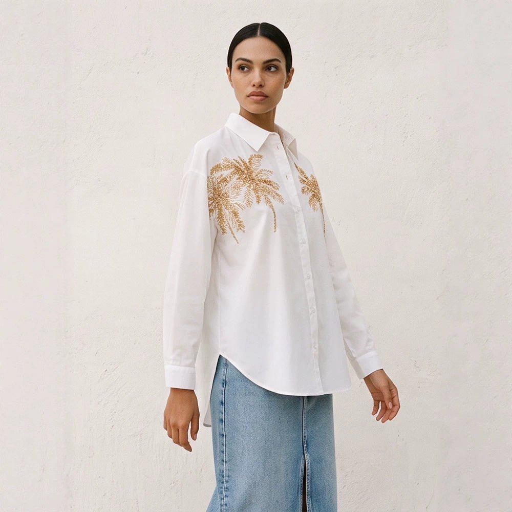 Women's shirt blouse with sequin palm appliqué, oversized cut & classic collar Chichicherry - Chichicherry