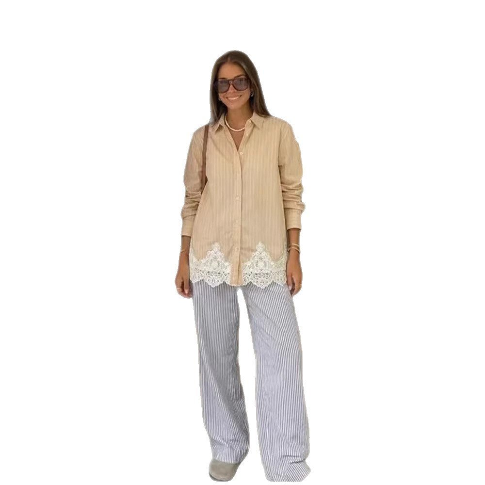 Women's shirt blouse with waist band, fine stripes & lace trim Chichicherry - Chichicherry