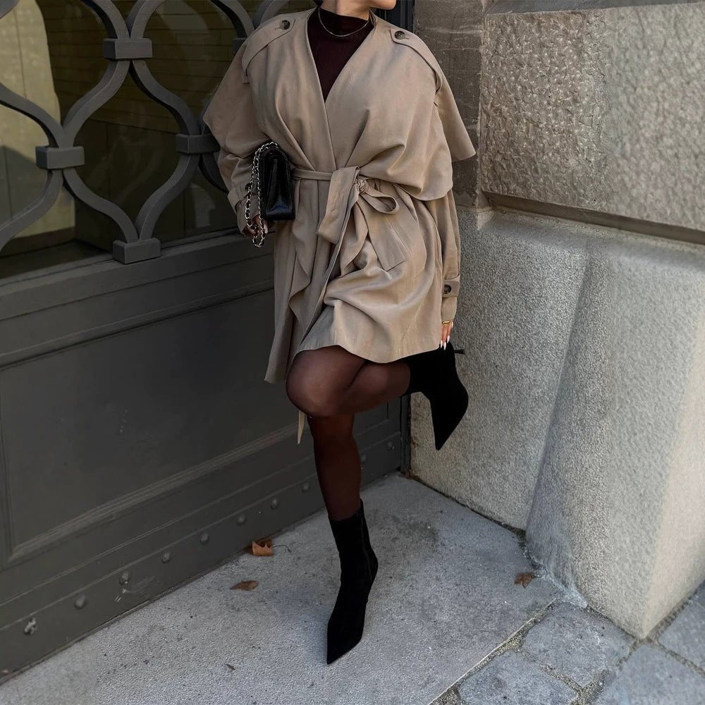 Women's Short Asymmetrical Wrap Coat with Ruffle Overlay and Tie Belt Chichicherry - Chichicherry