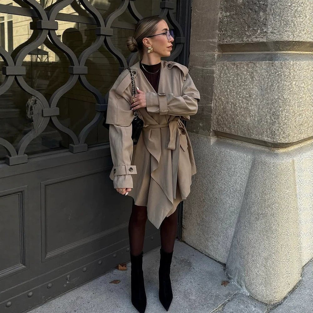 Women's Short Asymmetrical Wrap Coat with Ruffle Overlay and Tie Belt Chichicherry - Chichicherry
