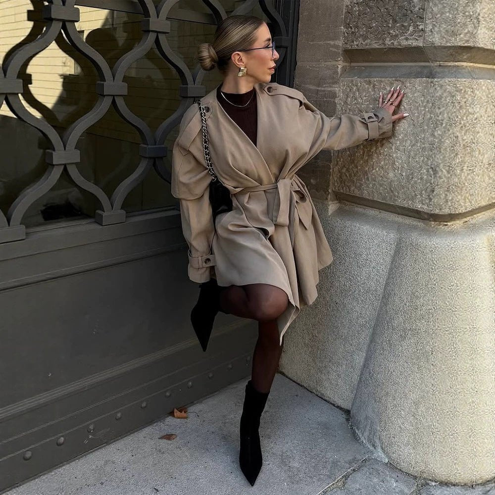 Women's Short Asymmetrical Wrap Coat with Ruffle Overlay and Tie Belt Chichicherry - Chichicherry