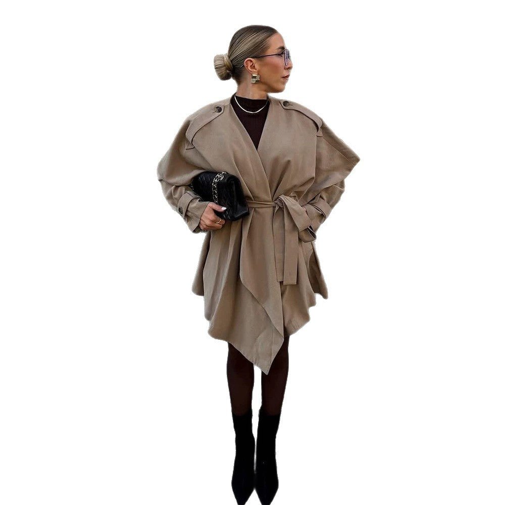 Women's Short Asymmetrical Wrap Coat with Ruffle Overlay and Tie Belt Chichicherry - Chichicherry