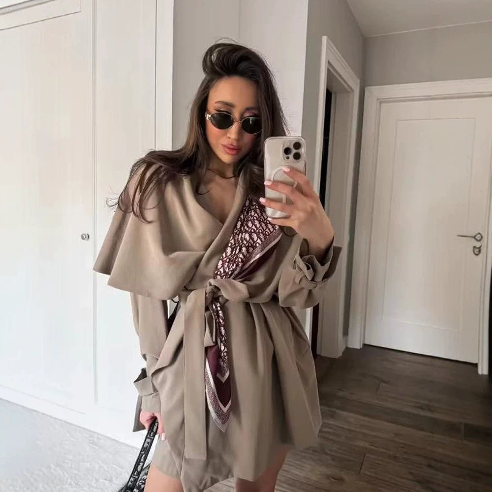 Women's Short Asymmetrical Wrap Coat with Ruffle Overlay and Tie Belt Chichicherry - Chichicherry