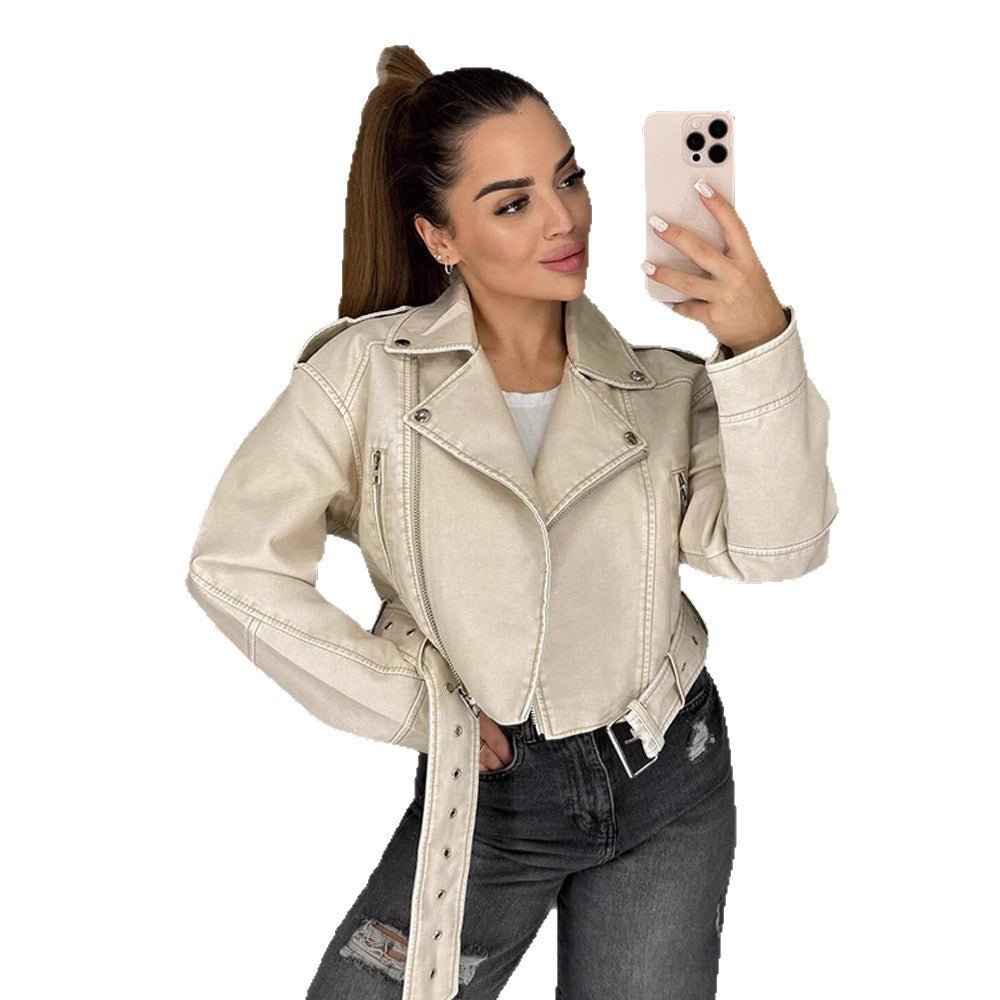 Women's short biker jacket made of vegan leather with a wide waist belt and visible decorative stitching Chichicherry - Chichicherry