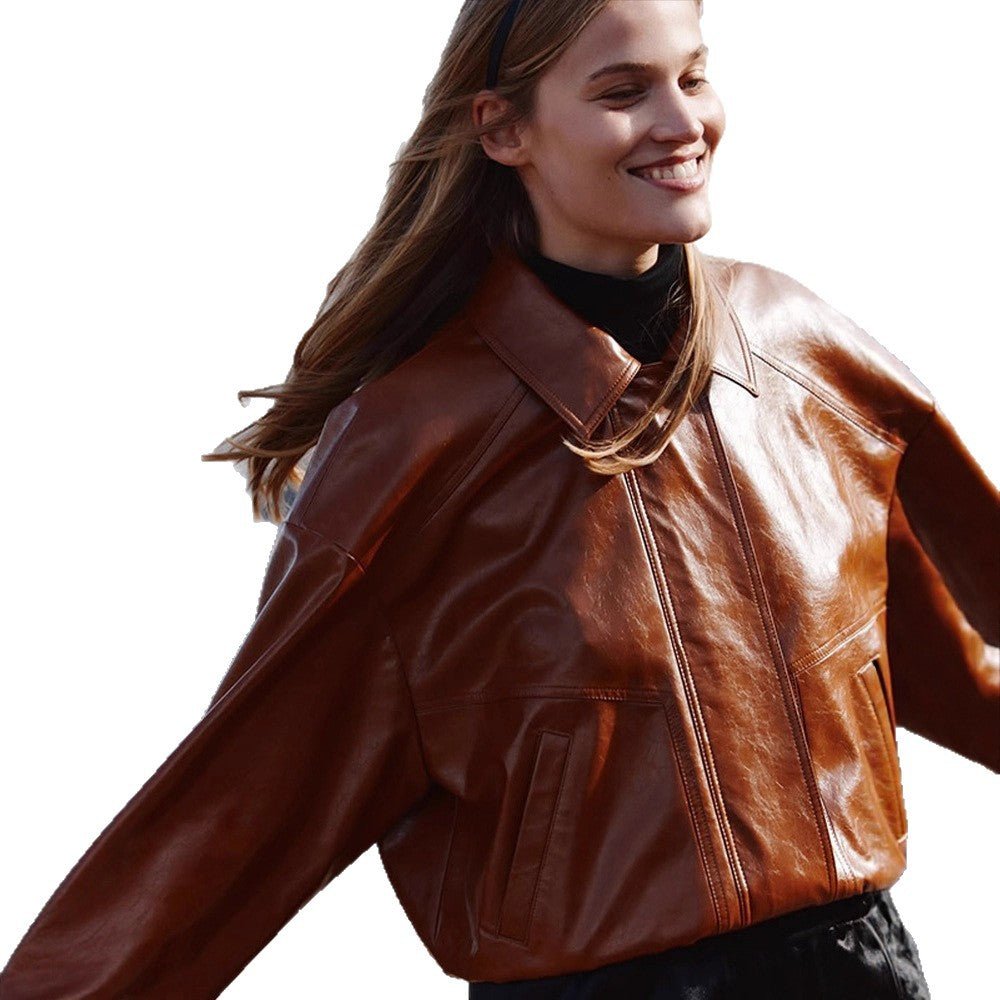 Women's short blazer made of vegan smooth leather with boxy silhouette and concealed snap button placket Chichicherry - Chichicherry