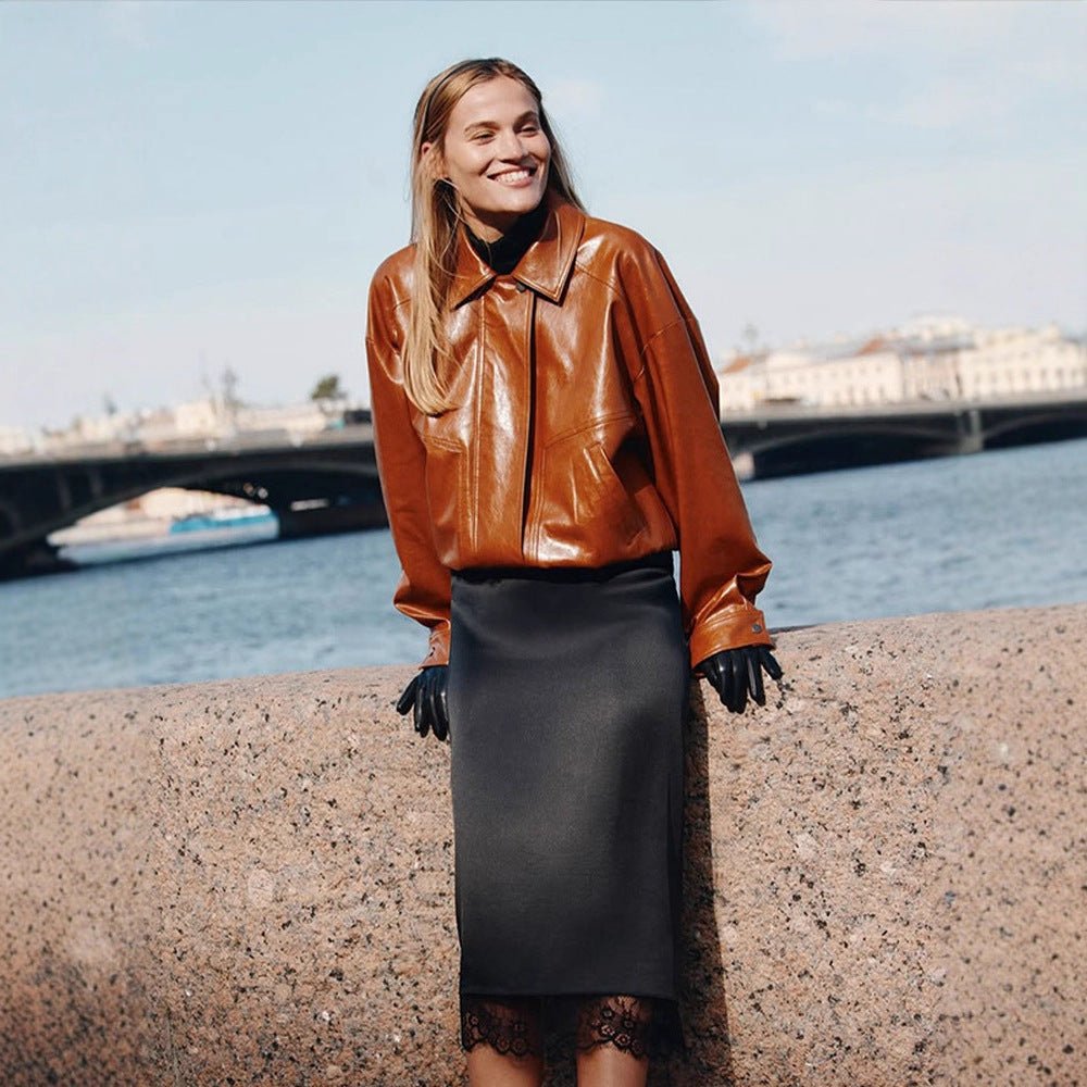 Women's short blazer made of vegan smooth leather with boxy silhouette and concealed snap button placket Chichicherry - Chichicherry