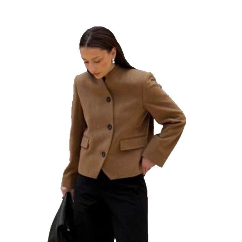 Women's short blazer made of wool blend with stand-up collar, boxy silhouette & three buttons Chichicherry - Chichicherry