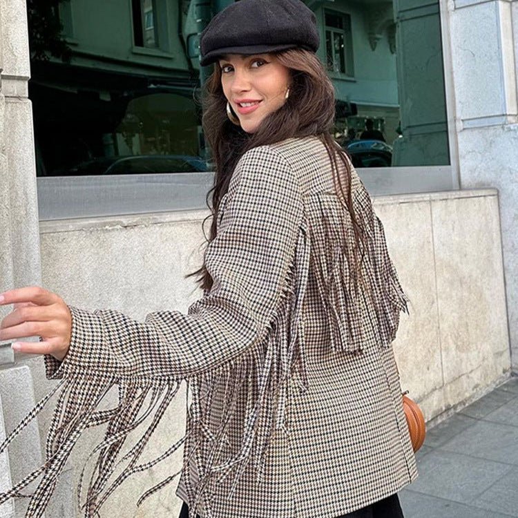 Women's short blazer with fringe and houndstooth pattern Chichicherry - Chichicherry