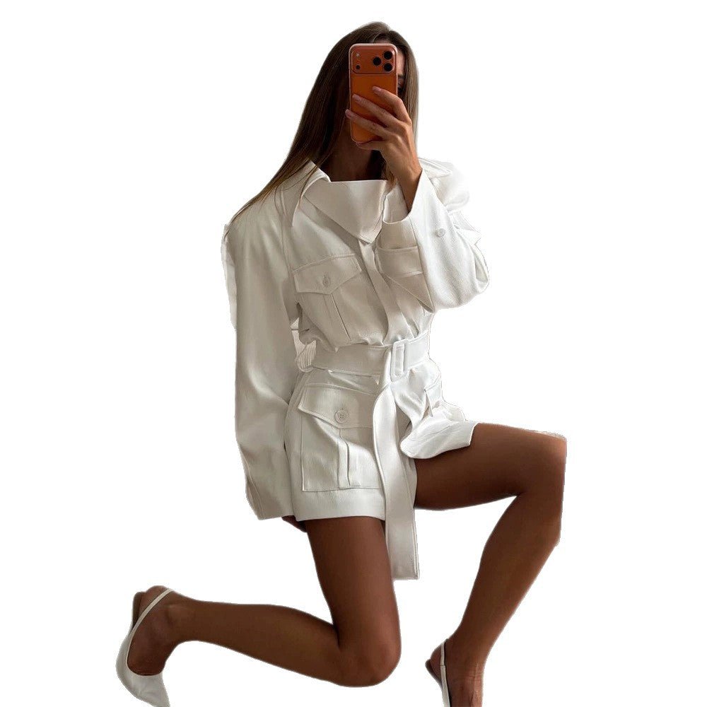 Women’s Short Blouse Dress with Waist Belt and Flap Pockets Chichicherry - Chichicherry