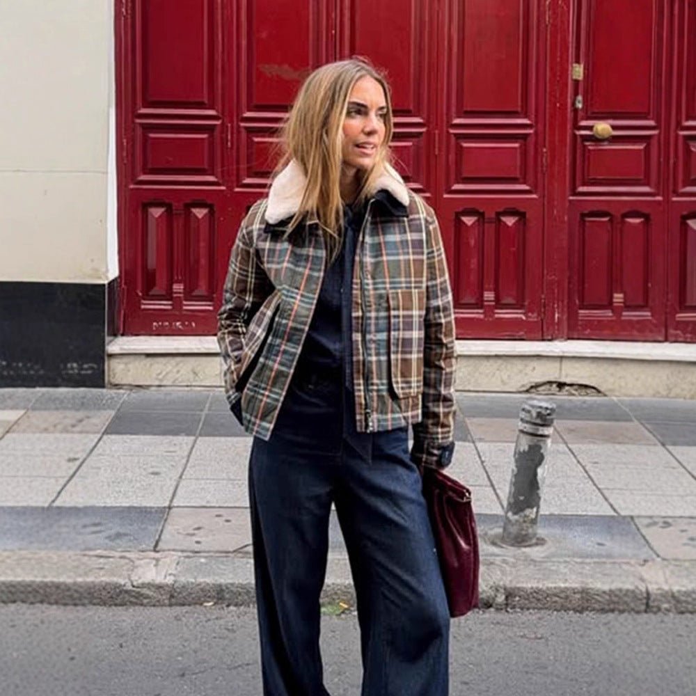Women's Short Blouson in Check Pattern with Padded Lining and Teddy Collar Chichicherry - Chichicherry