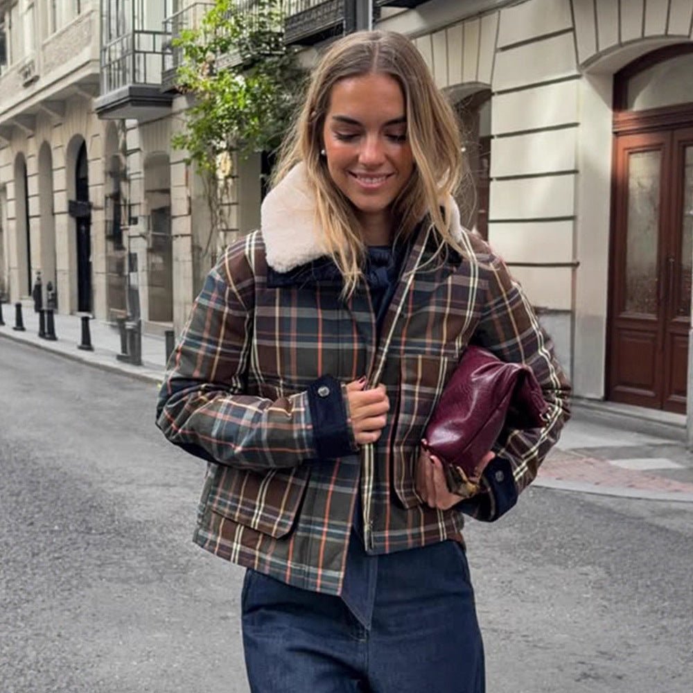 Women's Short Blouson in Check Pattern with Padded Lining and Teddy Collar Chichicherry - Chichicherry