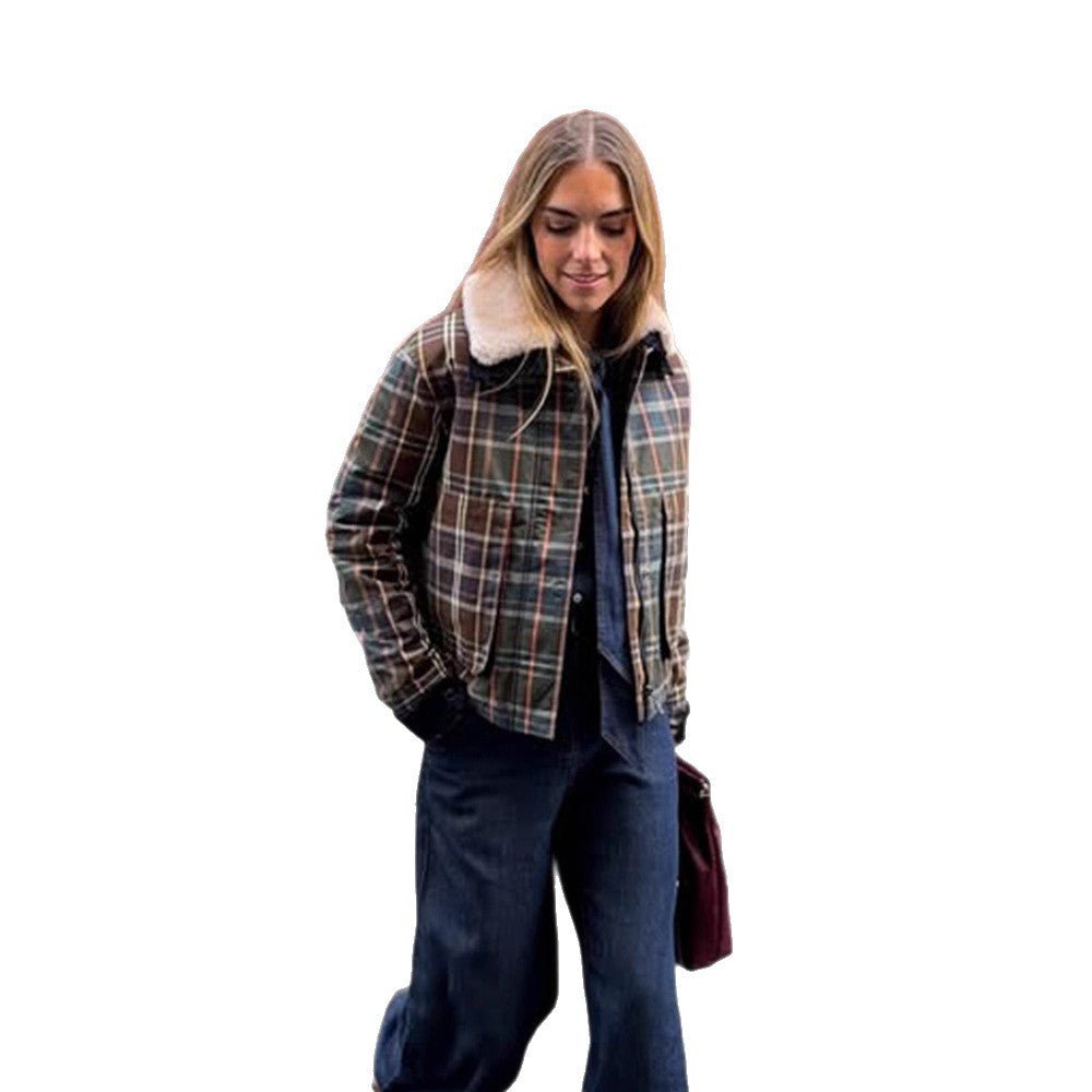 Women's Short Blouson in Check Pattern with Padded Lining and Teddy Collar Chichicherry - Chichicherry