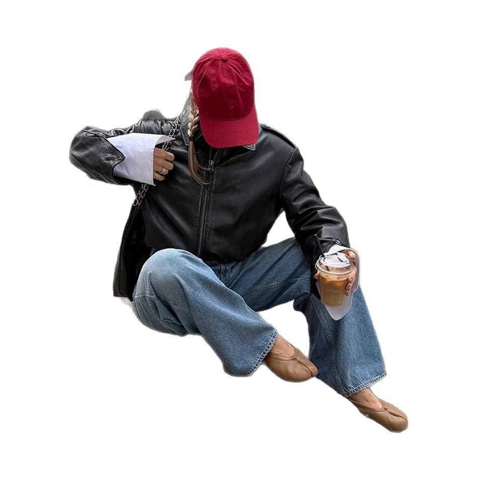 Women's Short Blouson in Layering Look made of Faux Leather with Oversized Shirt Sleeve Detail Chichicherry - Chichicherry