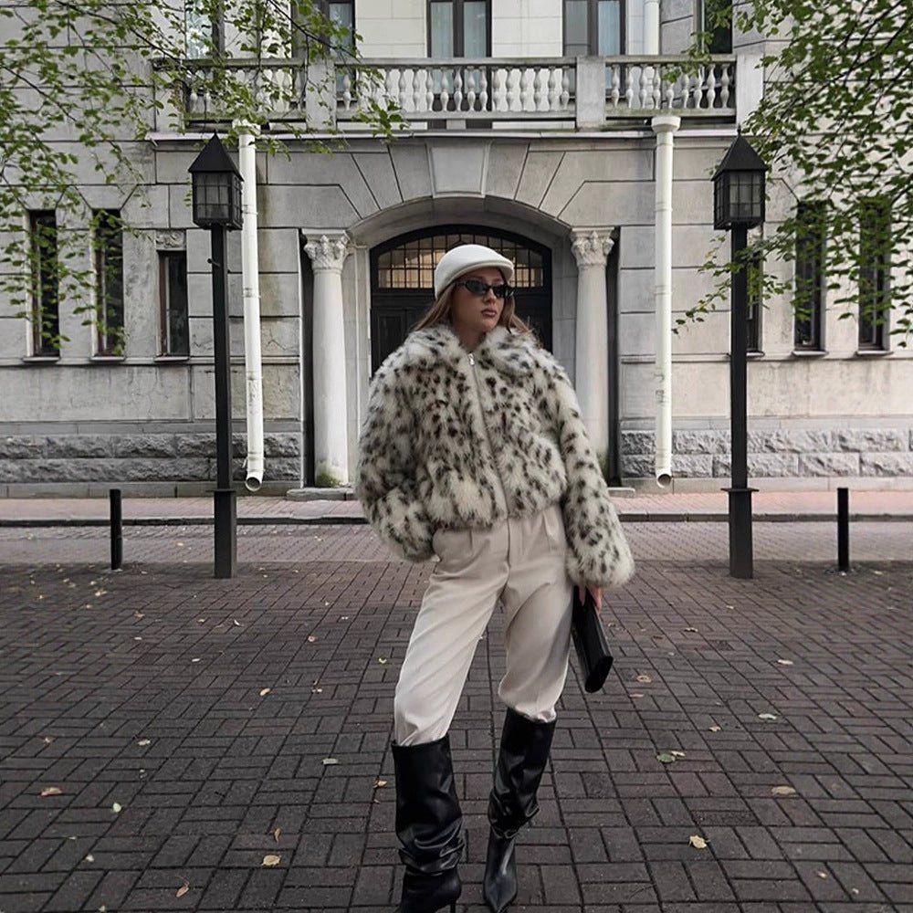 Women’s Short Bomber Jacket made of Faux Fur with Dalmatian Pattern and Stand-Up Collar Chichicherry - Chichicherry