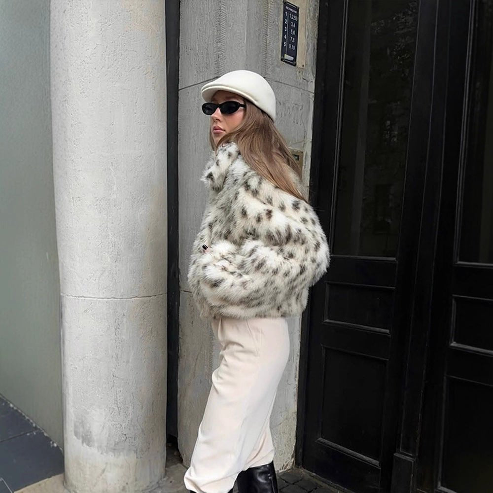 Women’s Short Bomber Jacket made of Faux Fur with Dalmatian Pattern and Stand-Up Collar Chichicherry - Chichicherry