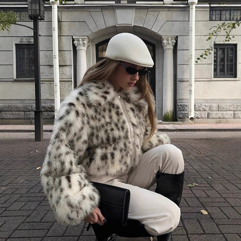 Women’s Short Bomber Jacket made of Faux Fur with Dalmatian Pattern and Stand-Up Collar Chichicherry - Chichicherry