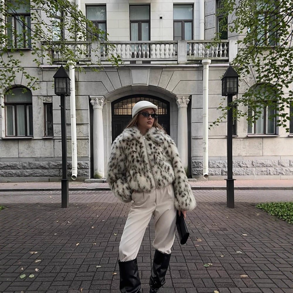 Women’s Short Bomber Jacket made of Faux Fur with Dalmatian Pattern and Stand-Up Collar Chichicherry - Chichicherry