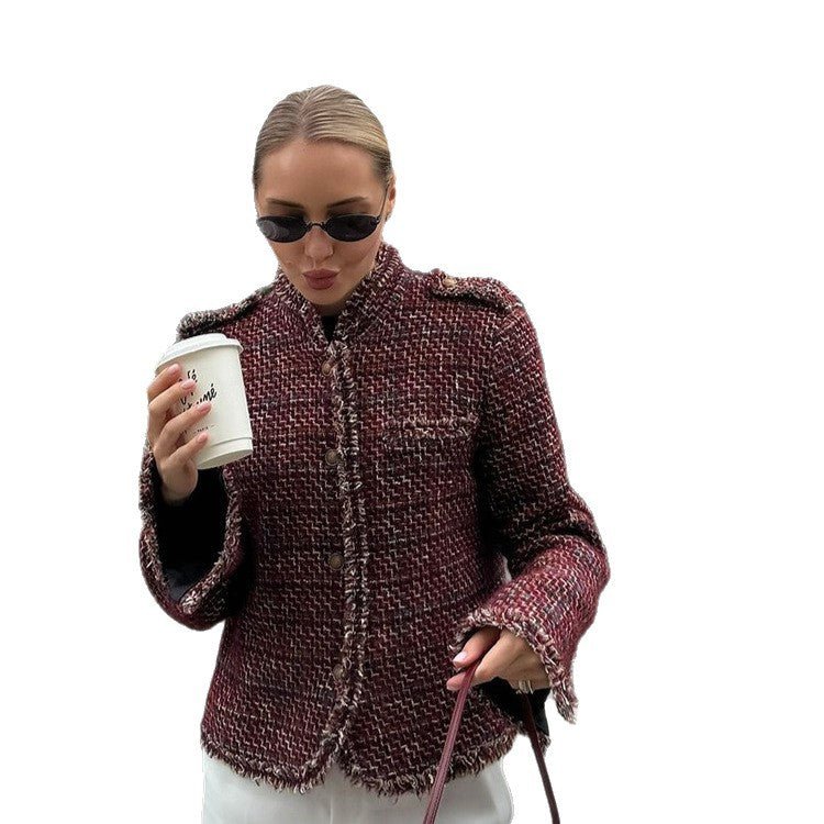 Women's Short Boucle Tweed Jacket with Fringe Trim and Decorative Buttons Chichicherry - Chichicherry