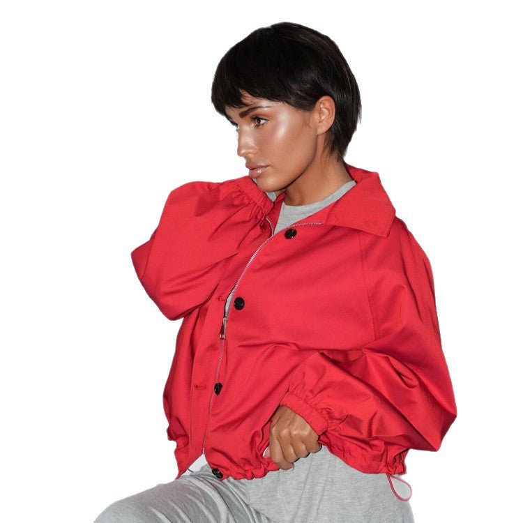 Women's Short Boxy Bomber Jacket with Drawstring and Balloon Sleeves Chichicherry - Chichicherry