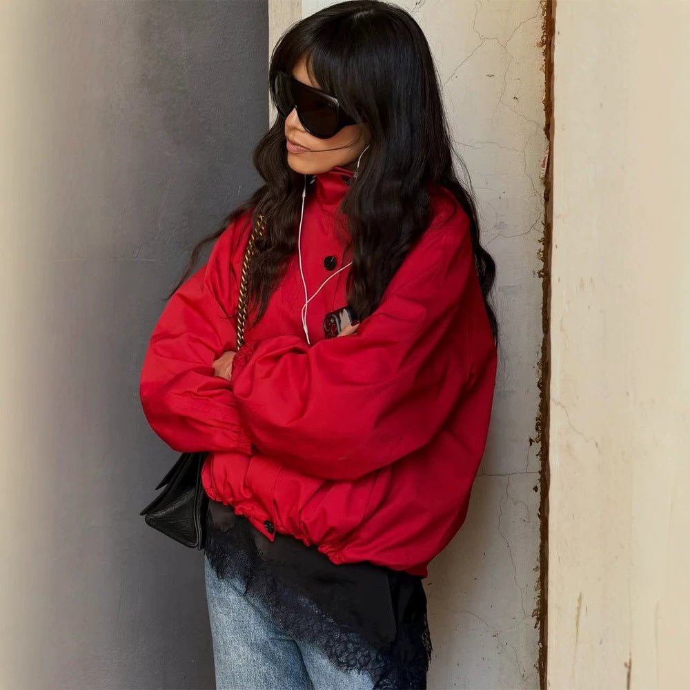 Women's Short Boxy Bomber Jacket with Drawstring and Balloon Sleeves Chichicherry - Chichicherry