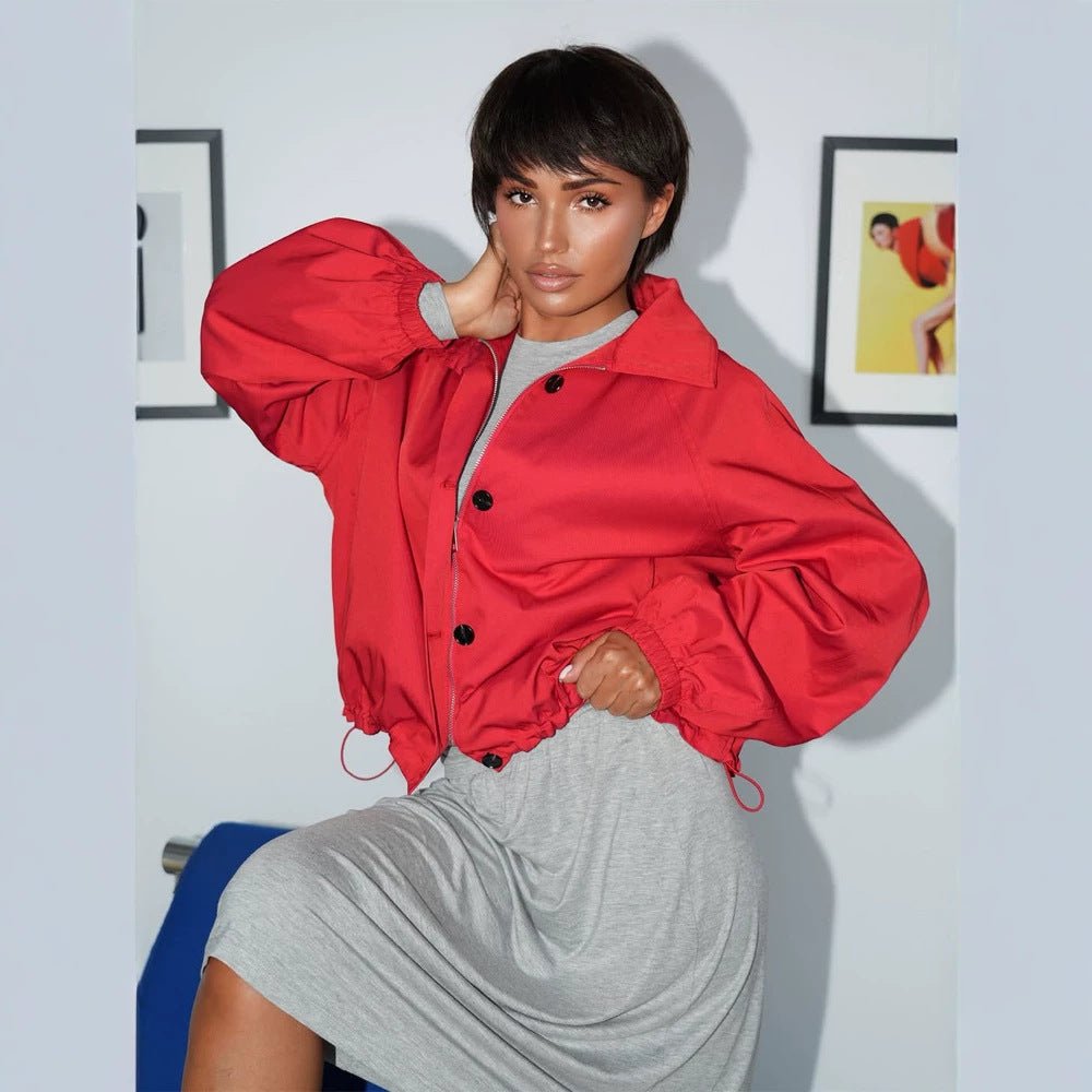 Women's Short Boxy Bomber Jacket with Drawstring and Balloon Sleeves Chichicherry - Chichicherry