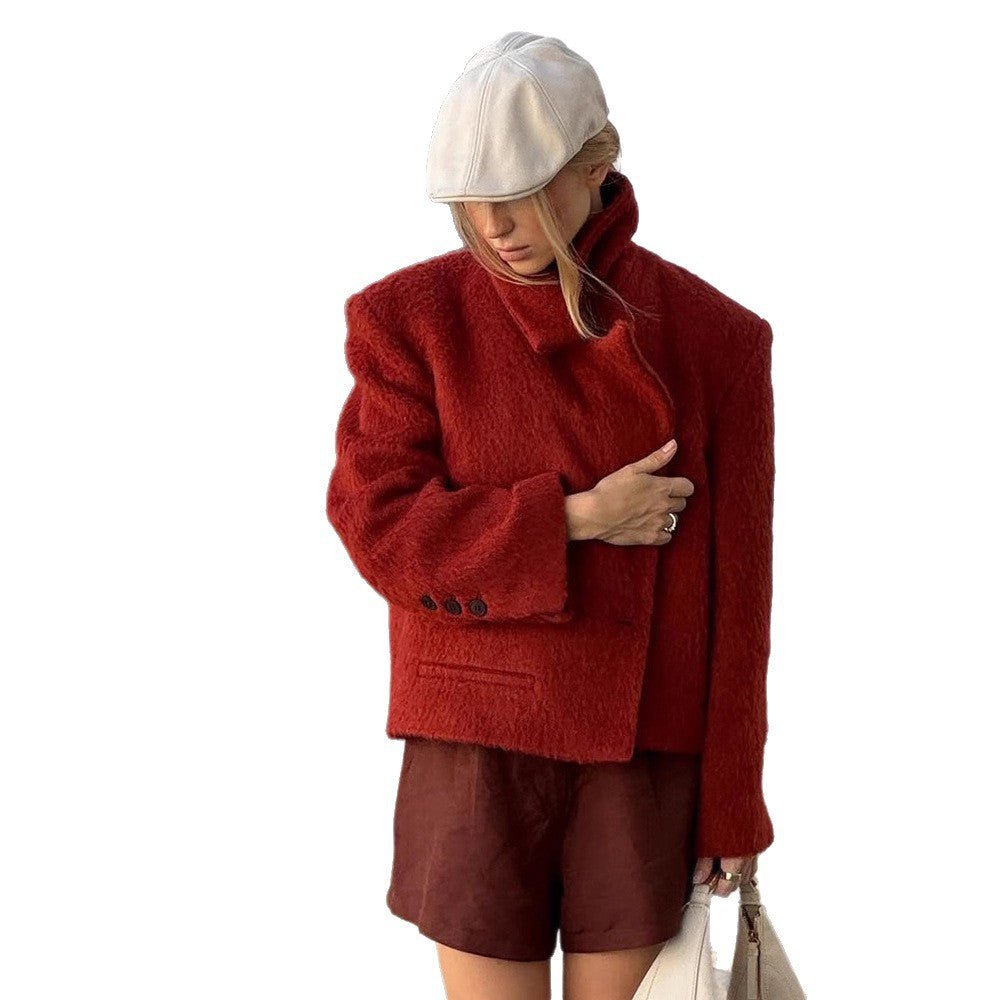 Women's Short Boxy Faux Fur Jacket with Wide Lapels and Textured Fur Look Chichicherry - Chichicherry