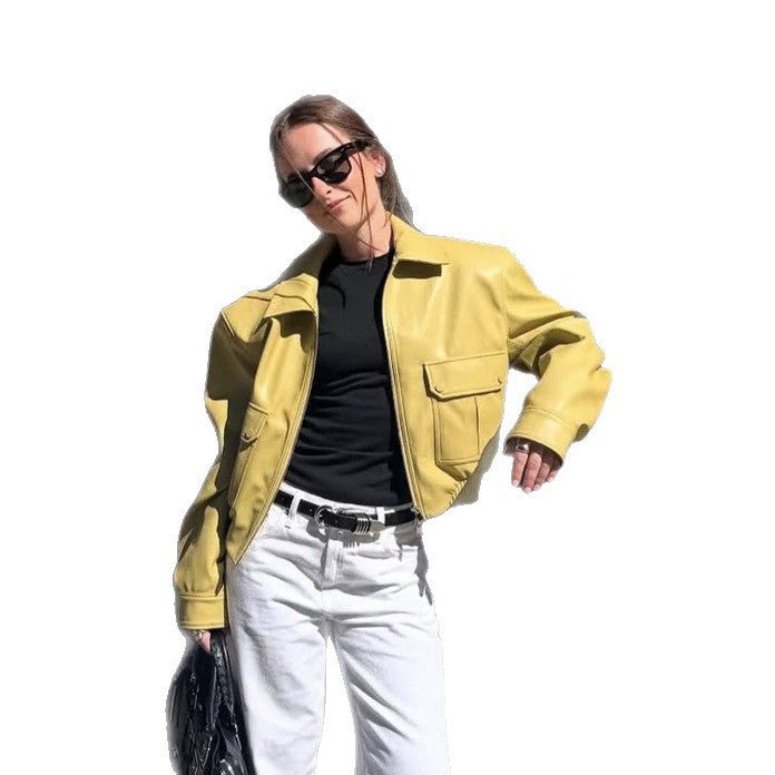 Women's short boxy faux leather jacket with patch pockets and zip Chichicherry - Chichicherry