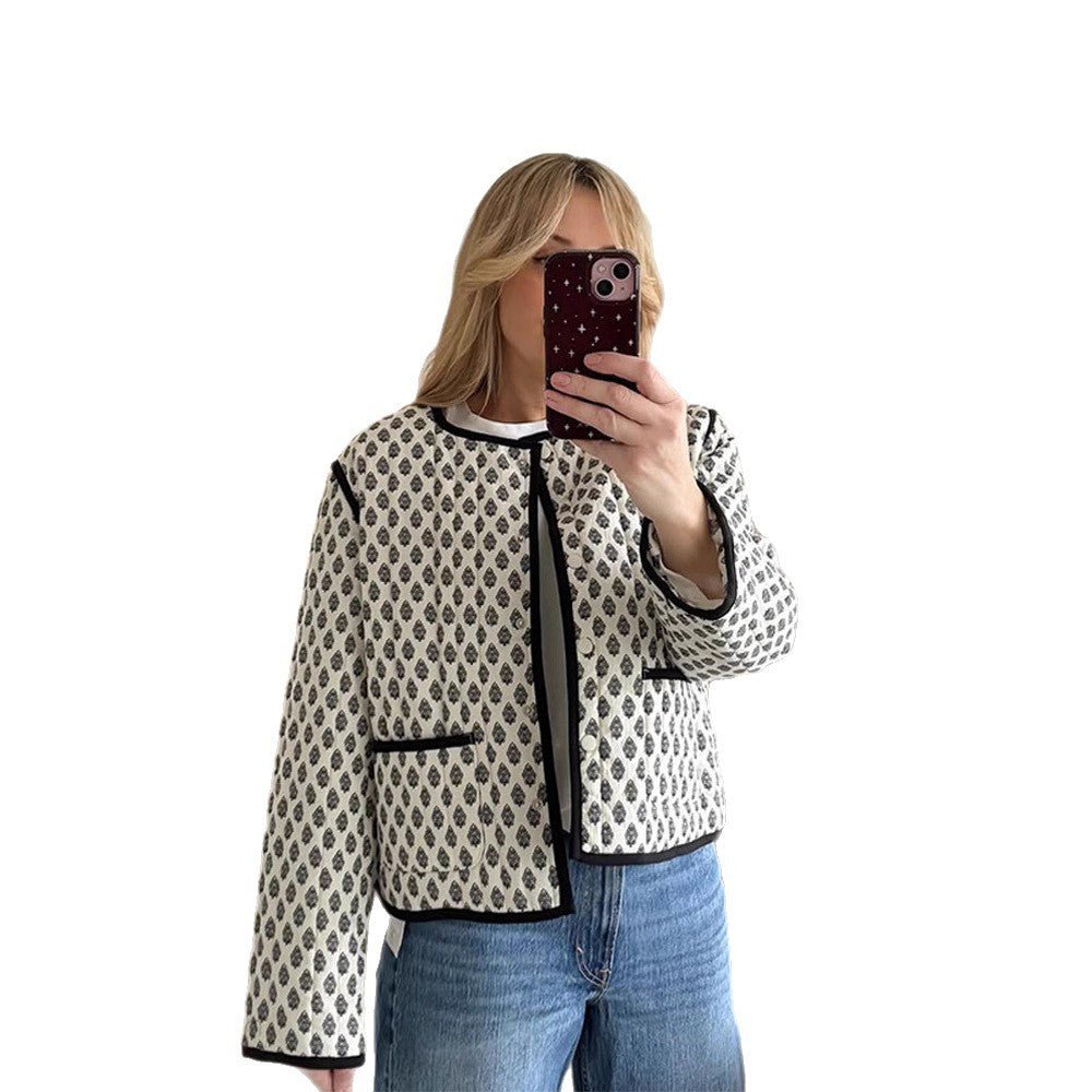 Women's Short Boxy Quilted Jacket with Contrast Piping and Round Neckline Chichicherry - Chichicherry
