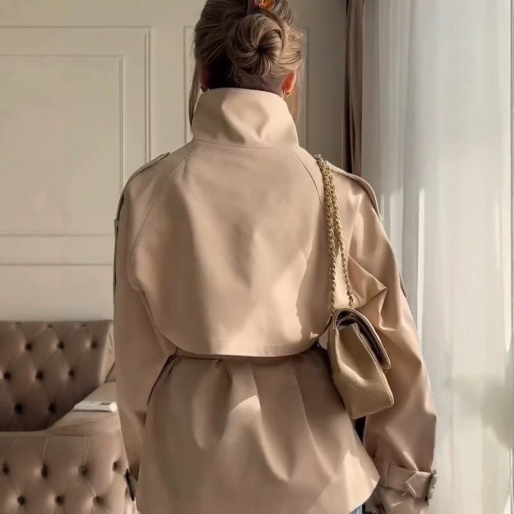 Women's Short Boxy Trench Coat with High Standing Collar, Double-Breasted Front & Waist Belt Chichicherry - Chichicherry