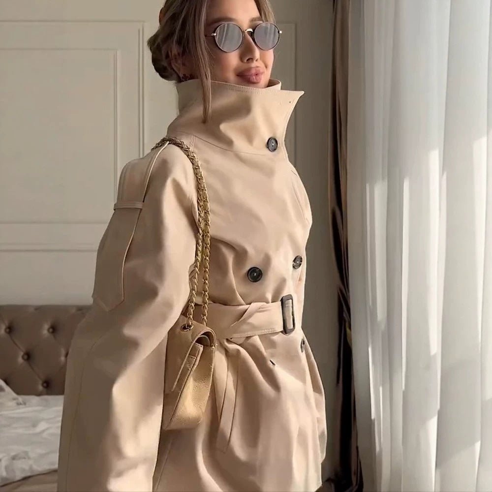 Women's Short Boxy Trench Coat with High Standing Collar, Double-Breasted Front & Waist Belt Chichicherry - Chichicherry