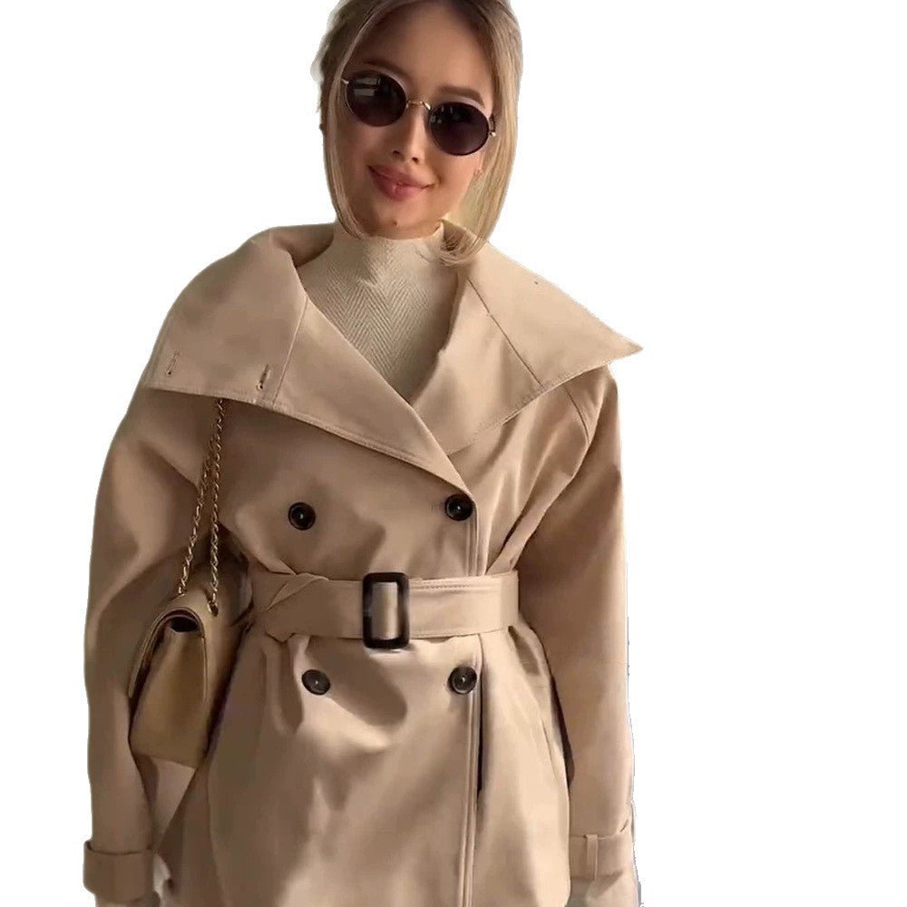Women's Short Boxy Trench Coat with High Standing Collar, Double-Breasted Front & Waist Belt Chichicherry - Chichicherry
