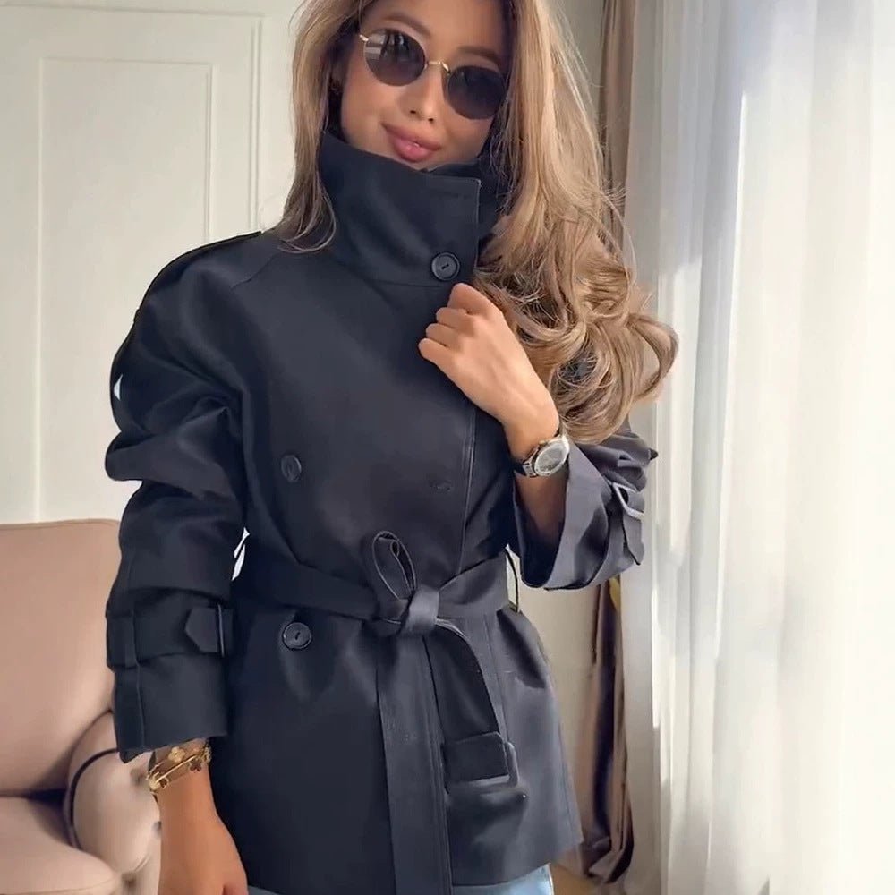 Women's Short Boxy Trench Coat with High Standing Collar, Double-Breasted Front & Waist Belt Chichicherry - Chichicherry