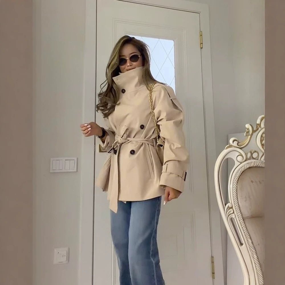 Women's Short Boxy Trench Coat with High Standing Collar, Double-Breasted Front & Waist Belt Chichicherry - Chichicherry