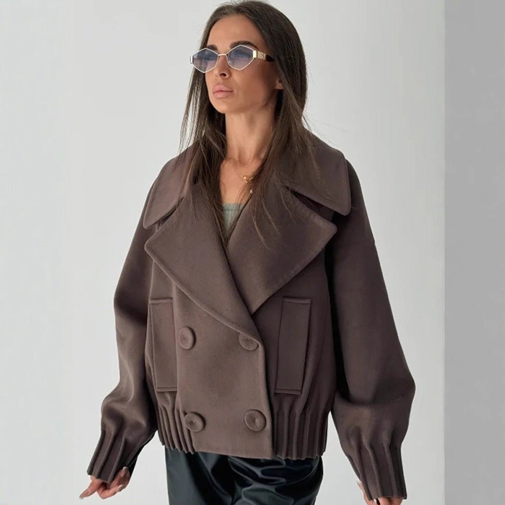 Women's Short Boxy Wool Coat with Oversized Shawl Collar, Double Button Placket and Ribbed Cuff Chichicherry - Chichicherry
